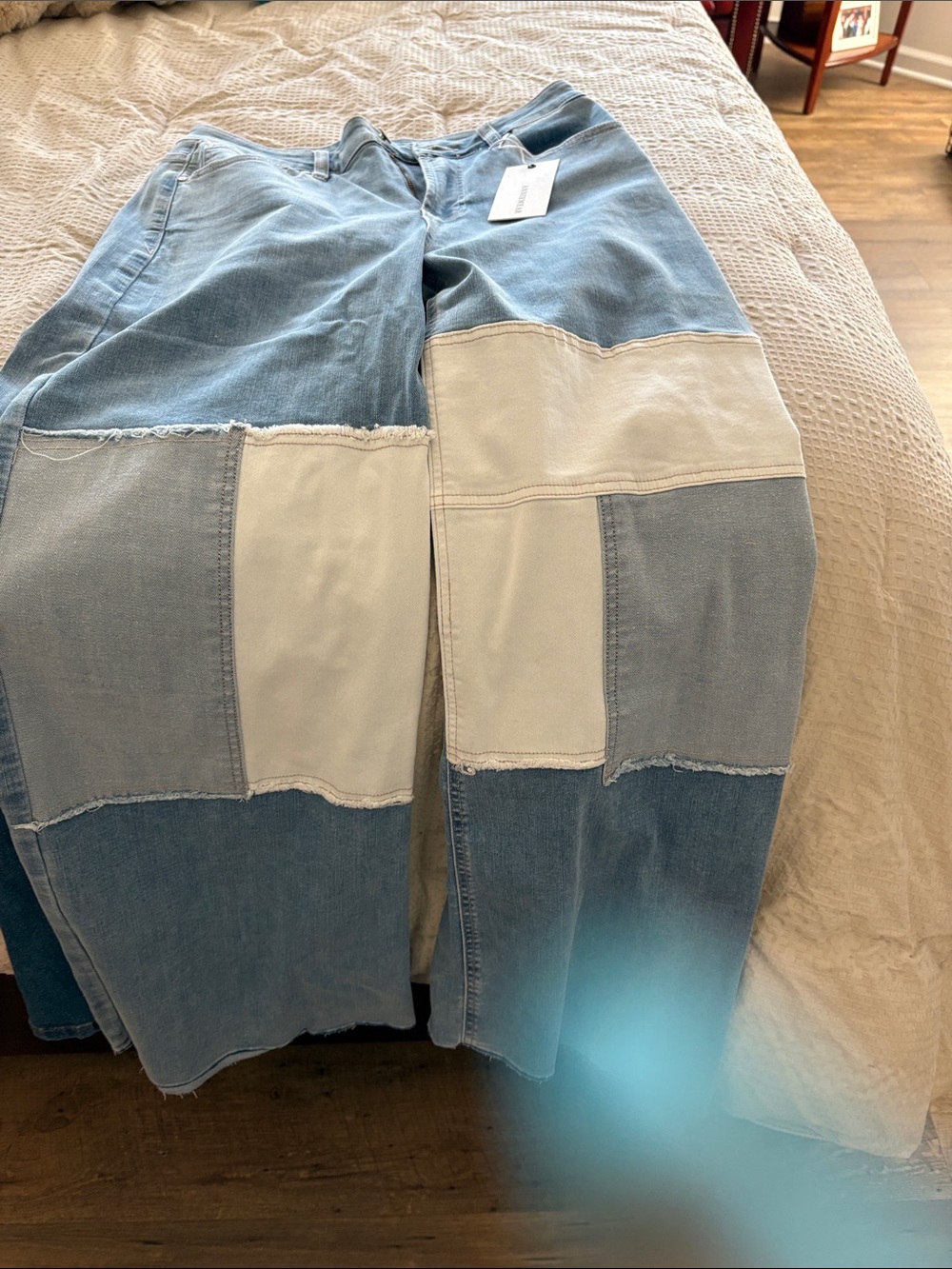 Patchwork Light Blue and Cream Wide-Leg Women’s Jeans